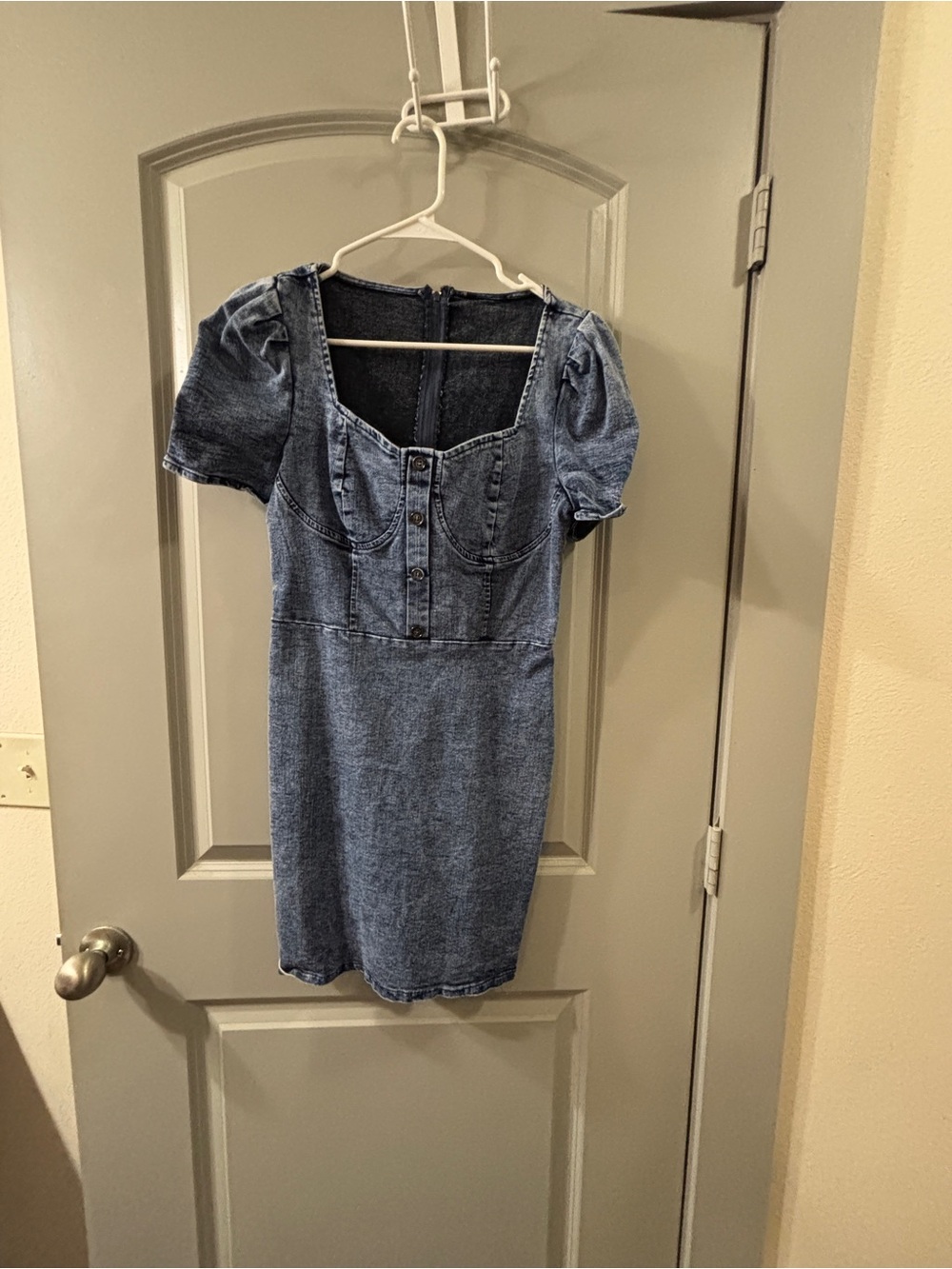 Denim Button-Front Mini Dress with Puff Sleeves - Blue